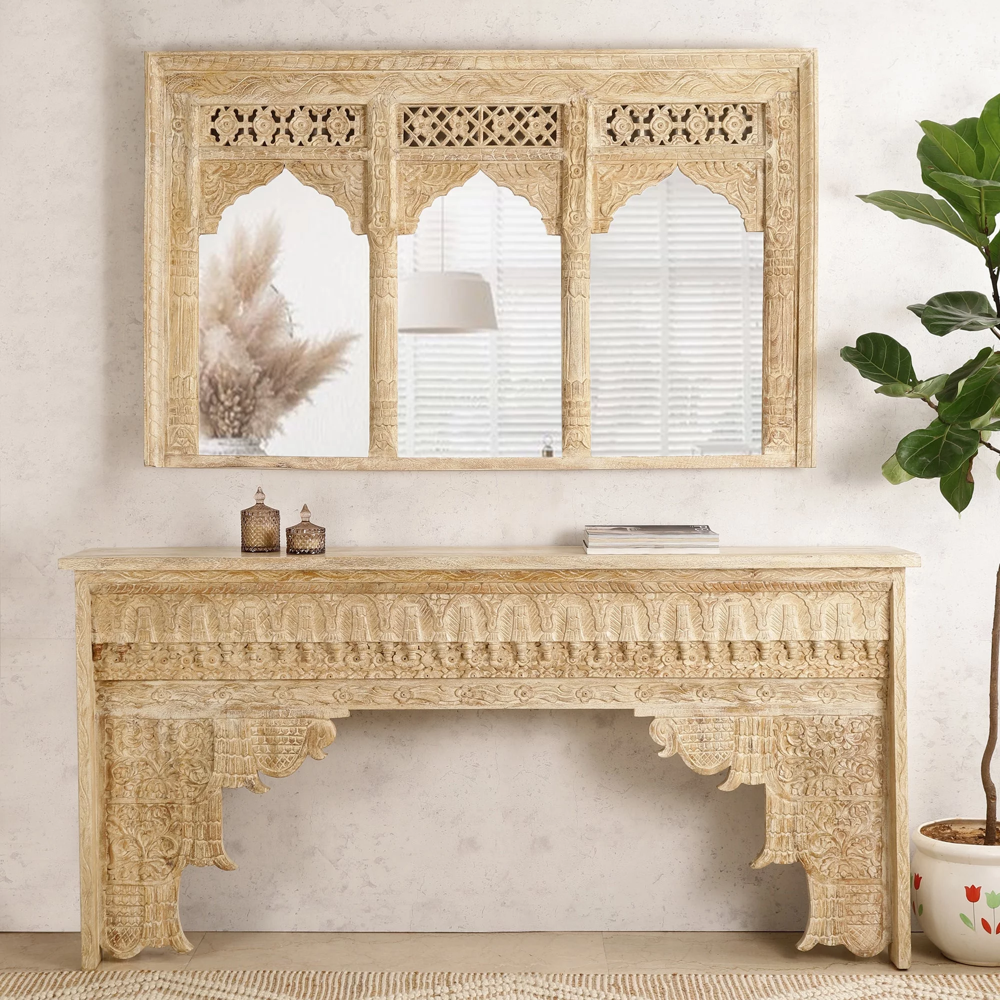 Hasthshilpa Jharokha Elegance Beige Console Table | Wooden Console Table | Iron Console Table | Living Room Furniture | Solid Wood Furniture | Hasthshilpa