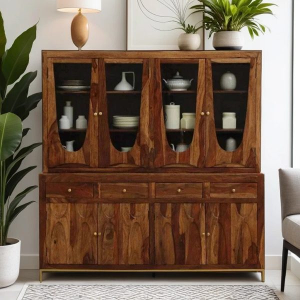 Buy Hasthshilpa Sheesham Wood Crockery Cabinet in Rustic Teak Finish | Crockery Unit | Kitchen Cabinet | Hasthshilpa