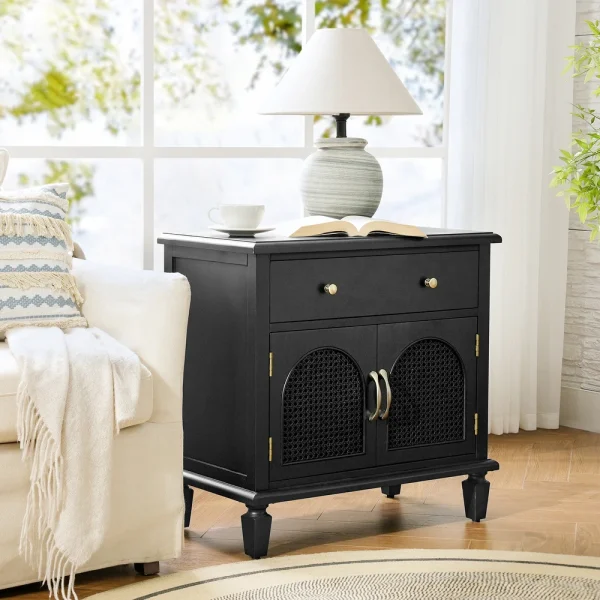 Hasthshilpa Georg Adjustable Rattan Nightstand – Black Finish | Cabinet | Wooden Cabinet | Rattan Furniture | Living Room Furniture | Hasthshilpa