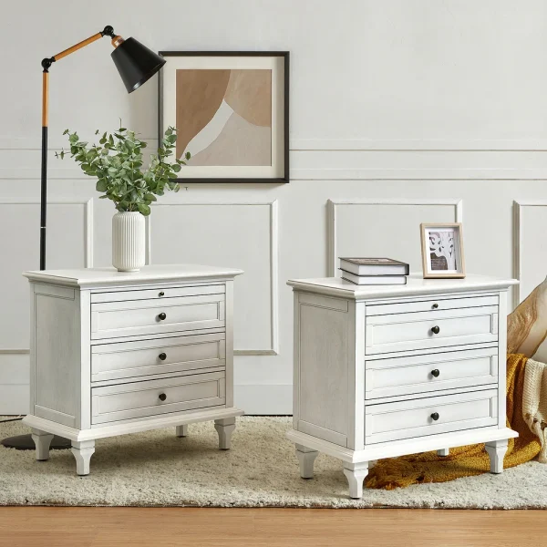 Hasthshilpa Muriel Farmhouse Nightstand Set with Outlets - 3 Drawers Each | Chest of Drawers | Hasthshilpa