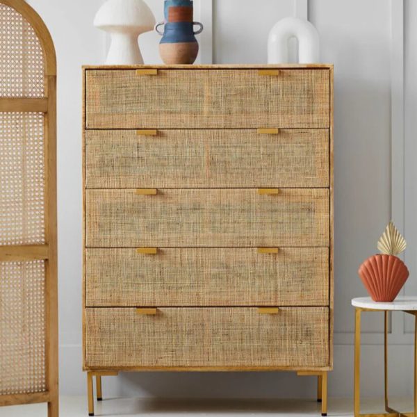 Hasthshilpa Rattan Webbed Storage Chest Of Drawers with Rich Wood Accents | Rattan Furniture | Rattan Storage Furniture | Hasthshilpa