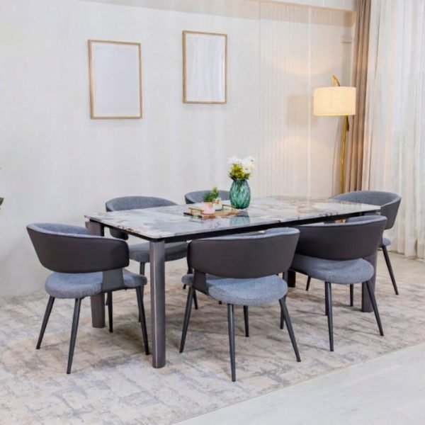 Buy Hasthshilpa Modern Six-Seater Dining Set with Grey Upholstered Chairs | Marble Dining Set | Dining Set | Dining Room Furniture | Hasthshilpa